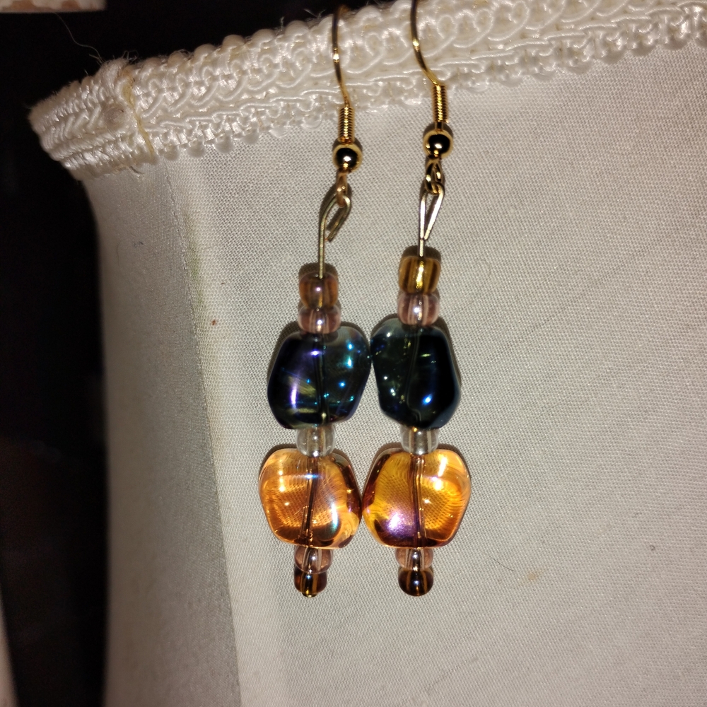 Handmade Glass Lampwork Bead Earrings in Amber and Iridescent Blue/Teal